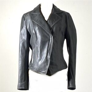 Elie Tahari Women's Gray Leather Jacket with Gunmetal Zippers, Medium